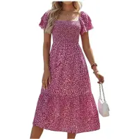 Kepptory Robe Midi Florale à Col Carré Smocké et Manches Courtes à Volants pour Femmes Fleur Rose S