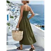 Kepptory Robe Midi à Bretelles Spaghetti pour Femmes, avec Boutons sur le Devant, Robe D'Été Décontractée Vert Armée S