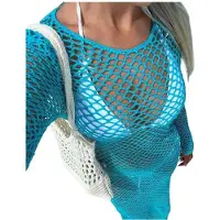 Kepptory Robe de Bain Maxi en Crochet Sans Dos à Manches Longues pour Femmes Bleu M
