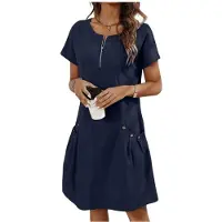 Kepptory Robe Décontractée à Col Rond, Couleur Unie, Double Poche pour Femme Bleu Profond M