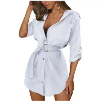Kepptory Robe-Chemise pour Femme, Col Retroussable, Manches à Revers, Boutonnage sur le Devant et Ceinture Blanc M