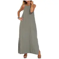 Kepptory Robe D'Été Longue et Fluide pour Femmes, Sans Manches, à Bretelles Spaghetti Vert Armée S