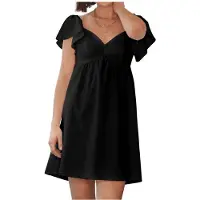 Kepptory Robe D'Été à Encolure Cœur pour Femme avec Manches à Volants, Dos Nu et Détail à Nouer pour Robe Noir S