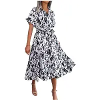 Kepptory Robe-Chemise Léopard pour Femme, Col, Manches Courtes, Taille Nouée, Coupe Trapèze, Longueur Midi Blanc L