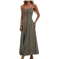 Kepptory Robe Maxi Imprimée à Bretelles Spaghetti pour Femmes, Coupe A, Fendue, Fluide, Robe D'Été Rayures Vertes XL