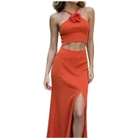 Kepptory Ensemble 2 Pièces pour Femme : Haut Court Dos Nu et Jupe Longue Fendue - Tenue de Plage Orange-Rouge M