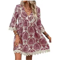 Kepptory Robe Tunique Décontractée à Manches 3/4 avec Imprimé et Bord en Dentelle pour Femmes, Robe D'Été pour les Vacances à la Plage Élément 3- 4XL