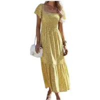 Kepptory Robe Midi Florale à Col Carré Smocké et Manches Courtes à Volants pour Femmes Jaune XL