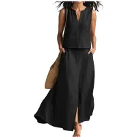 Kepptory Ensembles de Jupes D'Été pour Femmes, Tenues à Deux Pièces, Haut Sans Manches, Ensembles de Robes Maxi à Taille Élastique avec Poches Noir L