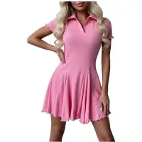 Kepptory Robe Courte Moulante en Maille Côtelée à Manches Courtes et Col en V pour Femme, Idéale pour le Printemps et L'Été Rose XL
