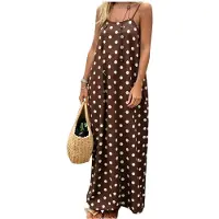 Kepptory Robe Longue D'Été Décontractée pour Femme, Coupe Trapèze, Bretelles Spaghetti, Sans Manches, Boutonnée Brun M