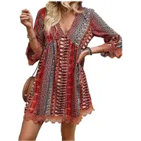 Kepptory Robe Tunique Décontractée à Manches 3/4 avec Imprimé et Bord en Dentelle pour Femmes, Robe D'Été pour les Vacances à la Plage Élément 4- M