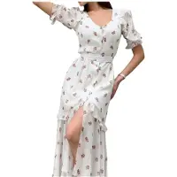 Kepptory Robe à Manches Courtes Imprimée et Fendue pour Femme Blanc L