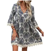 Kepptory Robe Tunique Décontractée à Manches 3/4 avec Imprimé et Bord en Dentelle pour Femmes, Robe D'Été pour les Vacances à la Plage Élément 1- S