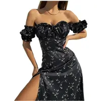 Kepptory Robe Corset Fleurie pour Femme avec Fente, Robe Midi D'Été et de Printemps à Épaules Dénudées Noir XXL
