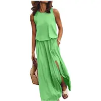 Kepptory Robe Longue Fendue Sans Manches à Col Rond et Taille Élastique pour Femme Vert Gazon XXL