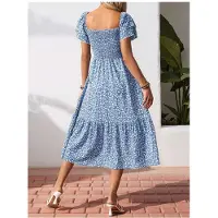 Kepptory Robe Midi Florale à Col Carré Smocké et Manches Courtes à Volants pour Femmes Bleu S