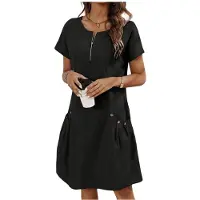 Kepptory Robe Décontractée à Col Rond, Couleur Unie, Double Poche pour Femme Noir XL