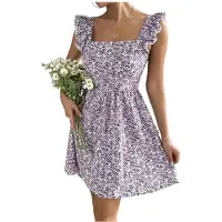 Kepptory Robe Florale pour Femmes, Décolleté Carré, Épaules à Volants, Lien au Dos, Robe D'Été en A Violet XL