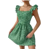 Kepptory Robe Florale pour Femmes, Décolleté Carré, Épaules à Volants, Lien au Dos, Robe D'Été en A Vert Émeraude XL