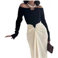 Kepptory Robe Maxi Épaules Dénudées pour Femme, Manches Longues, Froncée, Coupe Moulante, Idéale pour le Printemps et L'Automne Noir & Blanc L