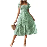Kepptory Robe Midi Florale à Col Carré Smocké et Manches Courtes à Volants pour Femmes Fleur Verte XXL