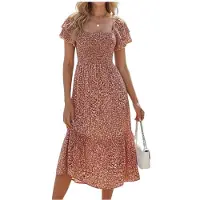 Kepptory Robe Midi Florale à Col Carré Smocké et Manches Courtes à Volants pour Femmes Fleur Orange S