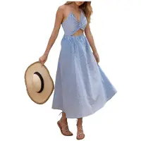 Kepptory Robe Rayée pour Femme, Décontractée, Sans Manches, à Découpes et Bretelles, Robe de Plage Longue et Fluide Mi-Longue Bleu M