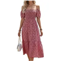 Kepptory Robe Midi Florale à Col Carré Smocké et Manches Courtes à Volants pour Femmes Rouge Rose L