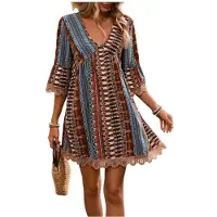 Kepptory Robe Tunique Décontractée à Manches 3/4 avec Imprimé et Bord en Dentelle pour Femmes, Robe D'Été pour les Vacances à la Plage Élément 6- S
