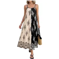 Kepptory Robe Maxi Bohème Fluide à Bretelles Spaghetti et Col Rond, Ornée de Smocks et de Volants Noir et Blanc S