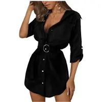 Kepptory Robe-Chemise pour Femme, Col Retroussable, Manches à Revers, Boutonnage sur le Devant et Ceinture Noir XXL