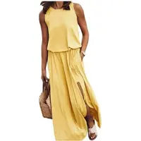 Kepptory Robe Longue Fendue Sans Manches à Col Rond et Taille Élastique pour Femme Jaune S