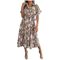 Kepptory Robe-Chemise Léopard pour Femme, Col, Manches Courtes, Taille Nouée, Coupe Trapèze, Longueur Midi Kaki Blanc M