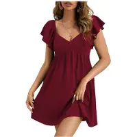 Kepptory Robe D'Été à Encolure Cœur pour Femme avec Manches à Volants, Dos Nu et Détail à Nouer pour Robe Rouge Vin XL