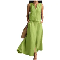 Kepptory Ensembles de Jupes D'Été pour Femmes, Tenues à Deux Pièces, Haut Sans Manches, Ensembles de Robes Maxi à Taille Élastique avec Poches Vert XL