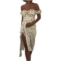 Kepptory Robe Corset Fleurie pour Femme avec Fente, Robe Midi D'Été et de Printemps à Épaules Dénudées Couleur Abricot XXXL
