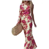 Kepptory Robe Longue Maxi Asymétrique à Fleurs, Sans Manches, Moulante, pour Femme Rose S