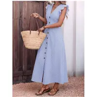 Kepptory Robe Longue Rayée pour Femme, Col en V, Manches à Volants, Boutonnage sur le Devant et Ceinture à la Taille Bleu XL