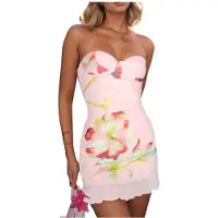 Kepptory Robe Tube Moulante Sans Bretelles à Motif Floral pour Femme, Idéale pour une -Robe. Robe Tube Dos Nu Sans Manches. Rose S