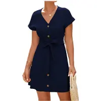 Kepptory Robe D'Été Décontractée pour Femme, Manches Courtes, Col en V Boutonné, Poches, Ceinture à Nouer, Longueur Genou, Coupe Ample Bleu Foncé L