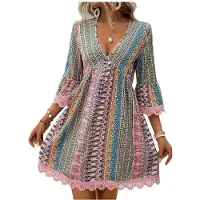 Kepptory Robe Tunique Décontractée à Manches 3/4 avec Imprimé et Bord en Dentelle pour Femmes, Robe D'Été pour les Vacances à la Plage Élément 5- M