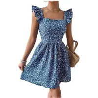 Kepptory Robe Florale pour Femmes, Décolleté Carré, Épaules à Volants, Lien au Dos, Robe D'Été en A Bleu XL