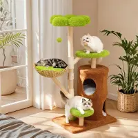 StarTech.com Arbre à gratter pour chats - Centre d'activités avec structure d'escalade - 4 niveaux pour intérieur - Grottes, plateformes et point de vue - Panier tressé et plateforme à fleurs - Vert clair