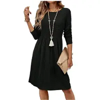 Semoic Robe Pull Décontractée pour Femme, Col Rond, Manches Longues, Coupe Trapèze, Longueur Genou, Idéale pour L'Automne et L'Hiver Noir S