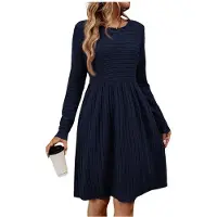 Semoic Robe Pull Décontractée pour Femme, Col Rond, Manches Longues, Coupe Trapèze, Longueur Genou, Idéale pour L'Automne et L'Hiver Bleu Foncé XL