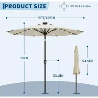 StarTech.com Parasol de terrasse solaire - 270 cm - Parasol de jardin - Éclairage LED - Manivelle avec fonction d'inclinaison - 8 baleines - Beige