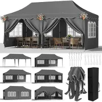 StarTech.com Pavillon 3x6 mètres - tente de fête pliable - imperméable - résistant aux intempéries hivernales - protection solaire UPF 50+ - 6 panneaux latéraux amovibles - structure en acier - couleur grise