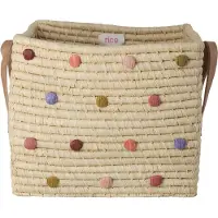 Rice - Panier carré en raphia à pois, avec des anses en cuir