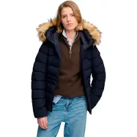 Superdry pour femme. W5012184A Veste Matelassée Fuji avec Fourrure Synthétique et Capuche marine (L), Casuel, Polyester